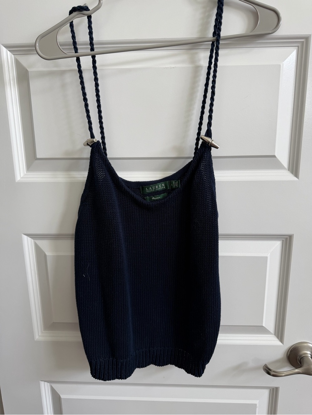 LAUREN Ralph Lauren Navy Cable Knit Camisole Twisted Strap Tank Top With Silver - Picture 3 of 6